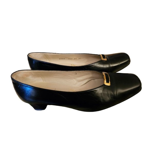 El Corte Ingles block Heels size 7 made in Spain black leather gold‎ tone detail - Picture 2 of 10